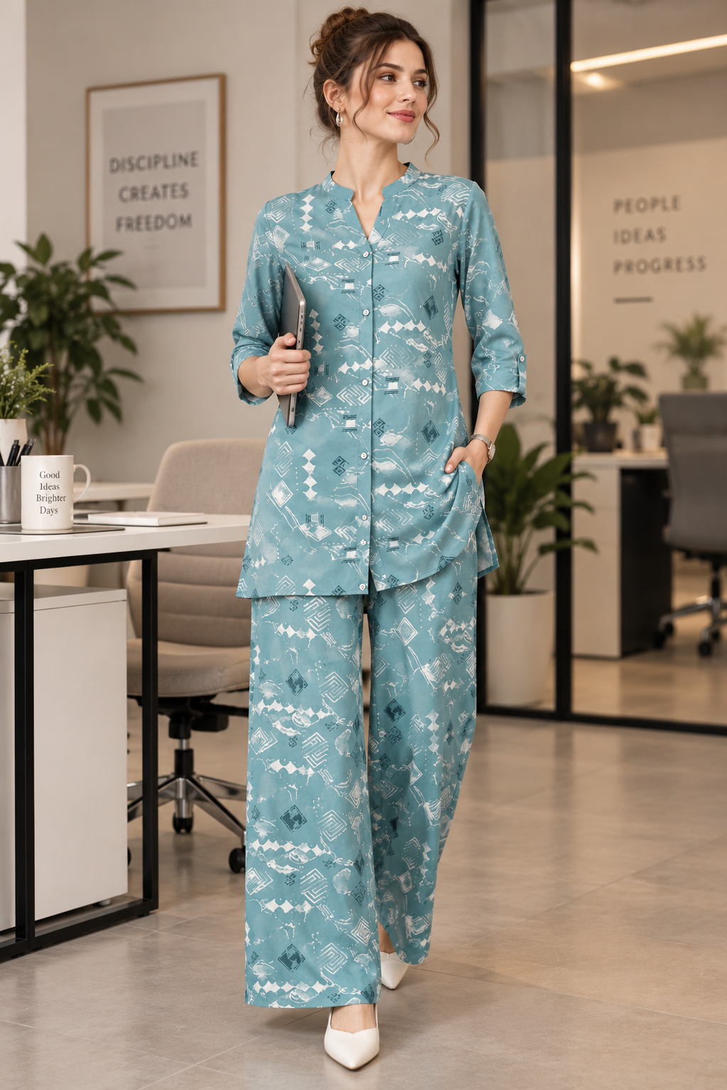 Rocck'z Women’s Geometric Printed Button-Down Shirt & Co-Ord Set - 27278