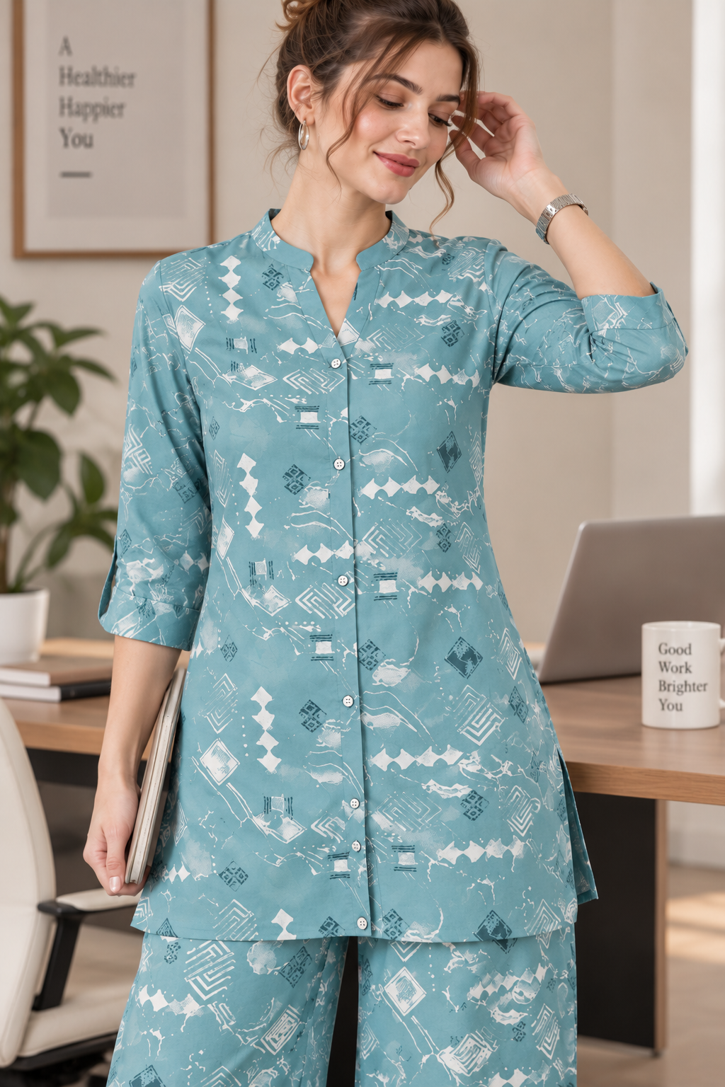 Rocck'z Women’s Geometric Printed Button-Down Shirt & Co-Ord Set - 27278