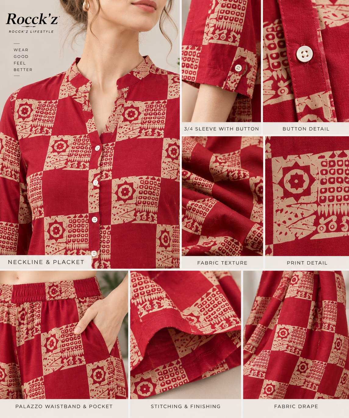 Rocck'z Women’s Ethnic Check Block-Printed Button-Down Shirt & Co-Ord Set - 27267