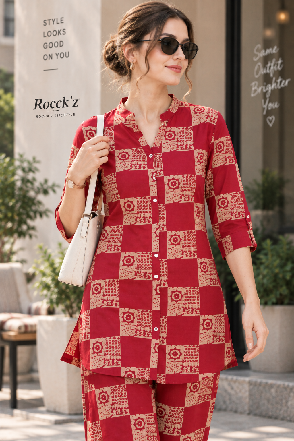 Rocck'z Women’s Ethnic Check Block-Printed Button-Down Shirt & Co-Ord Set - 27267