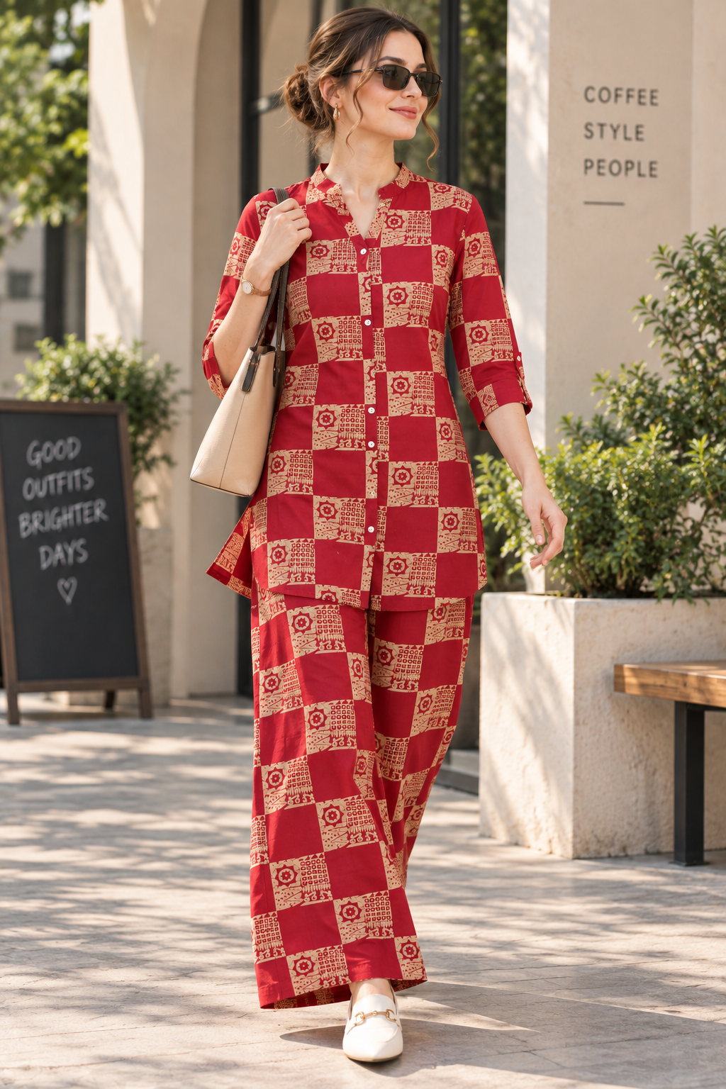 Rocck'z Women’s Ethnic Check Block-Printed Button-Down Shirt & Co-Ord Set - 27267