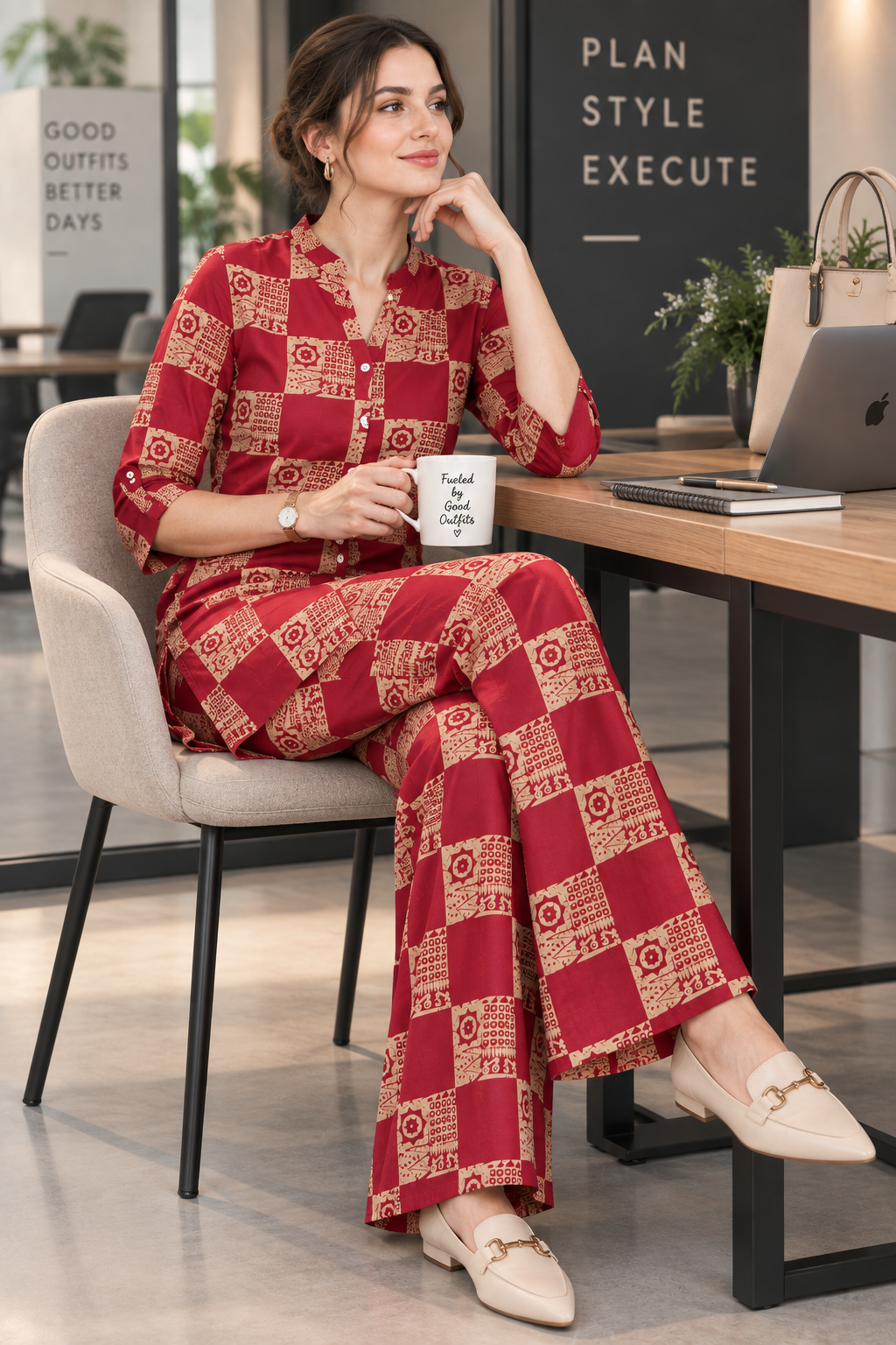 Rocck'z Women’s Ethnic Check Block-Printed Button-Down Shirt & Co-Ord Set - 27267