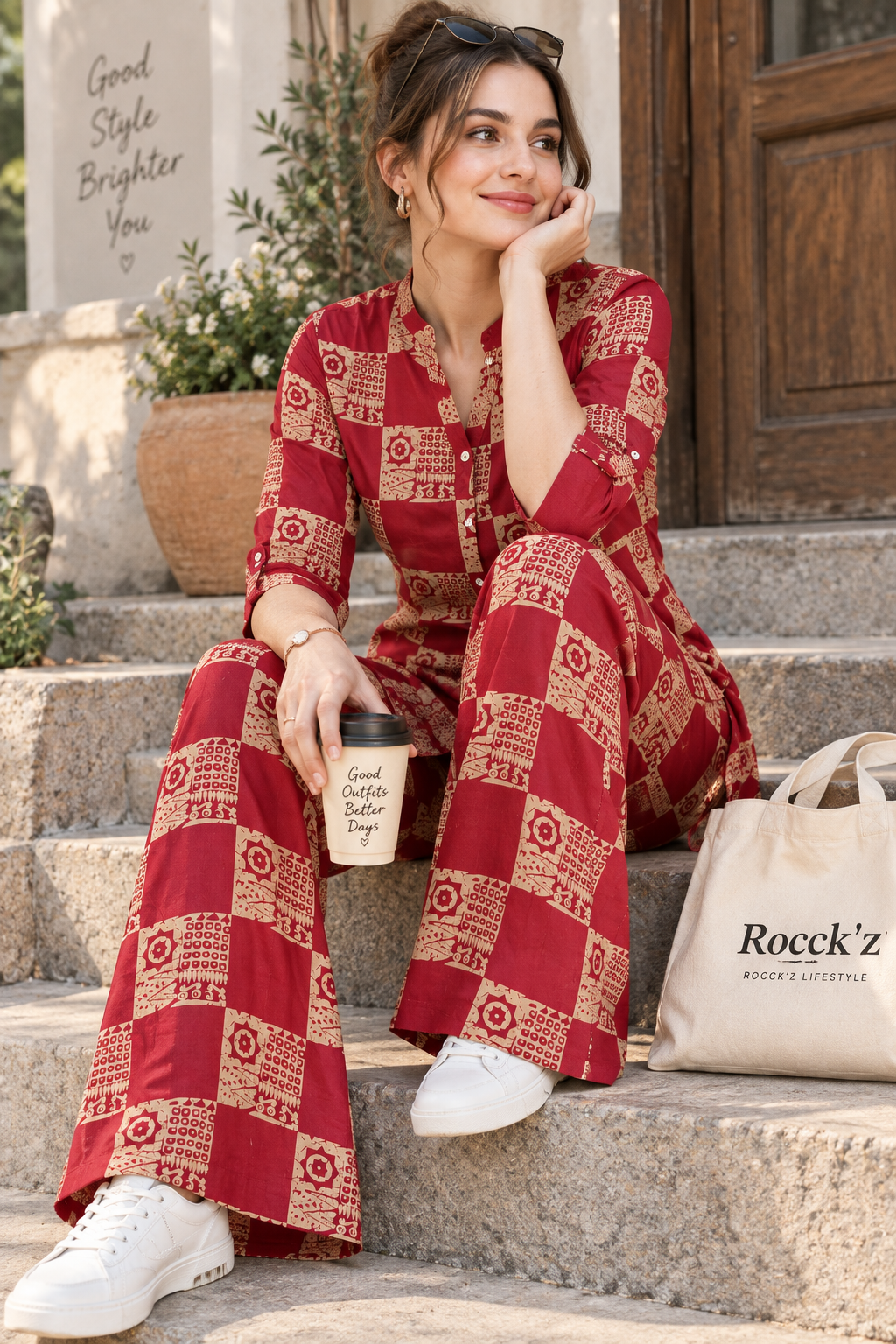 Rocck'z Women’s Ethnic Check Block-Printed Button-Down Shirt & Co-Ord Set - 27267