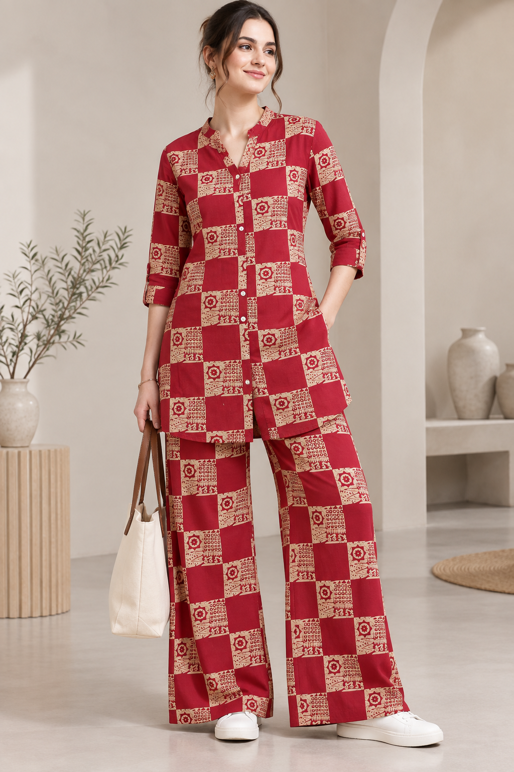 Rocck'z Women’s Ethnic Check Block-Printed Button-Down Shirt & Co-Ord Set - 27267