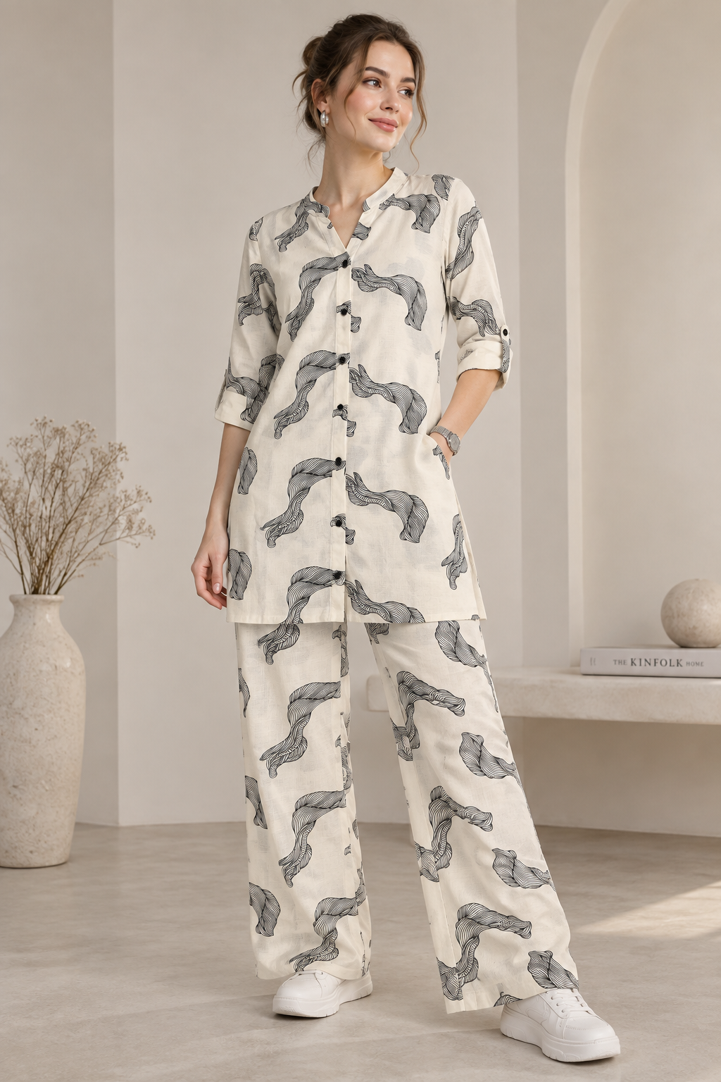 Rocck'z Chic Cream & Black Swirl Print Co-Ord Set for Women – Casual Matching Set - 27245