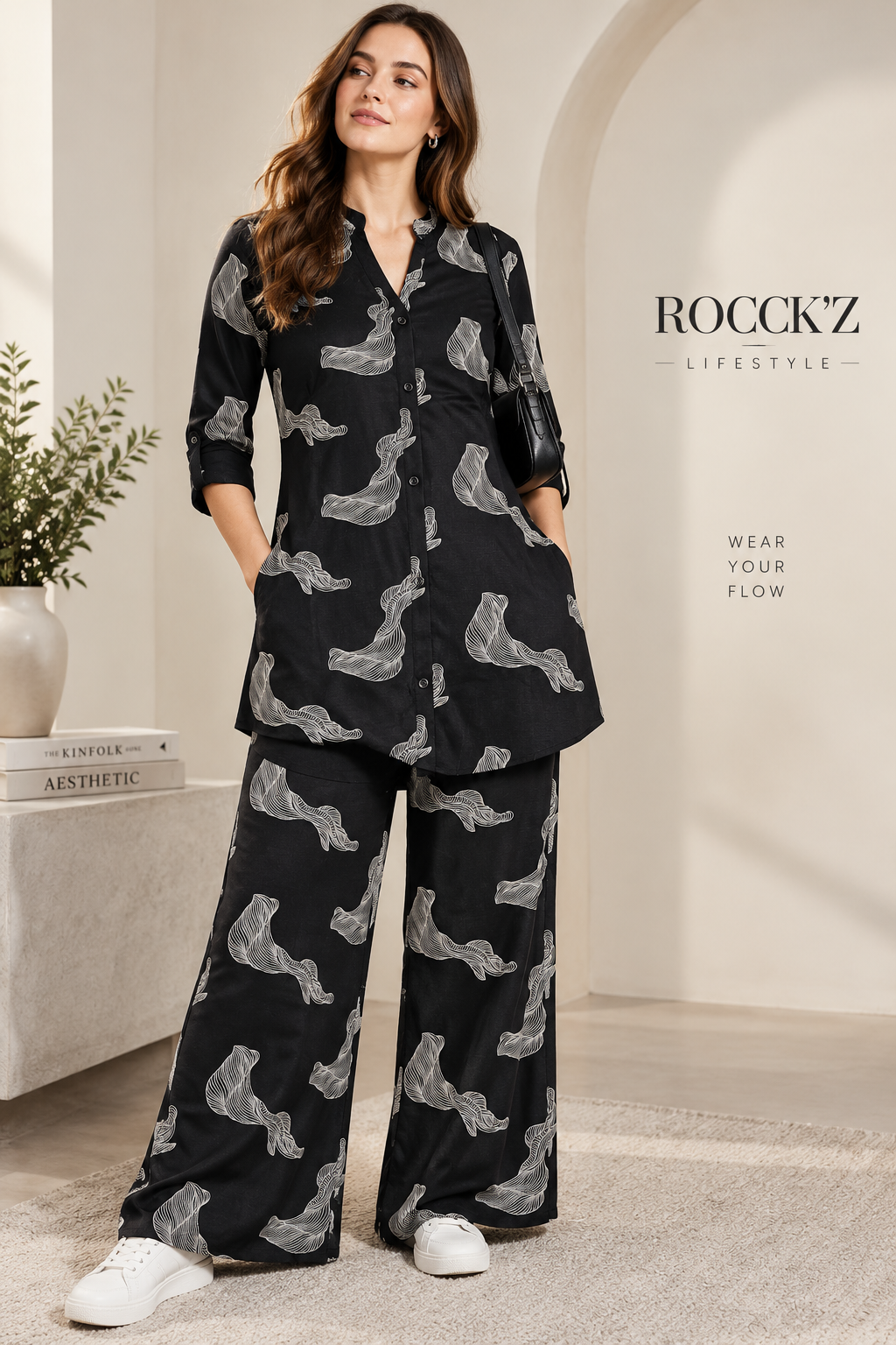 Rocck'z Chic Black & White Swirl Print Co-Ord Set for Women - 27246