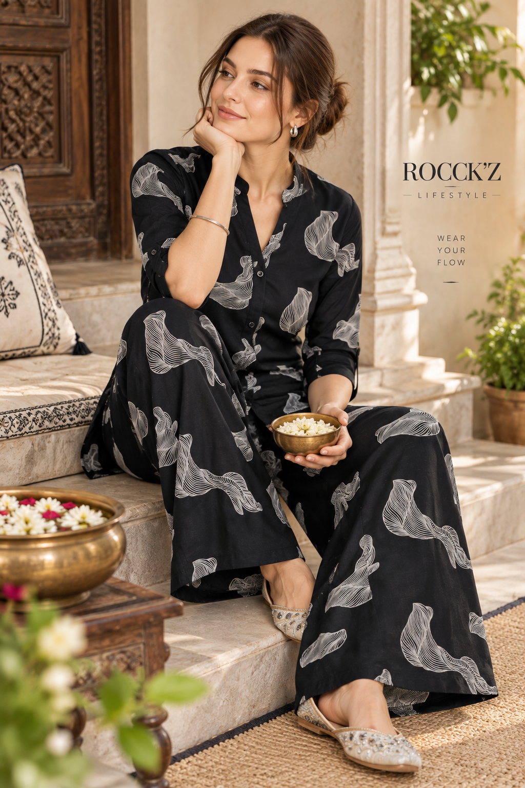 Rocck'z Chic Black & White Swirl Print Co-Ord Set for Women - 27246