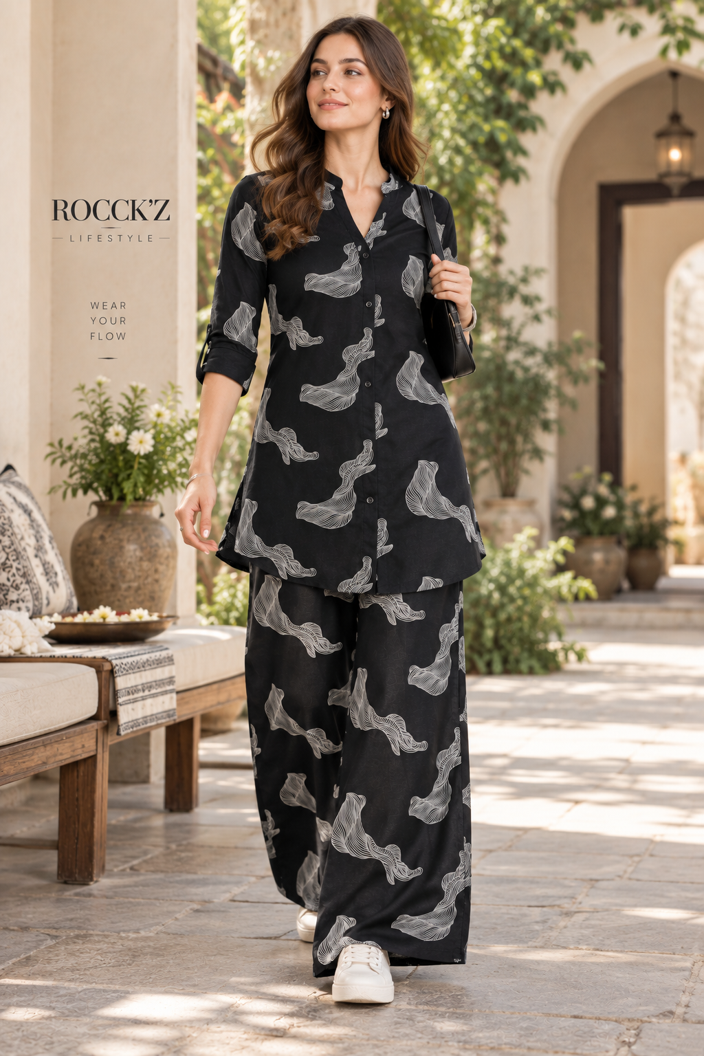 Rocck'z Chic Black & White Swirl Print Co-Ord Set for Women - 27246