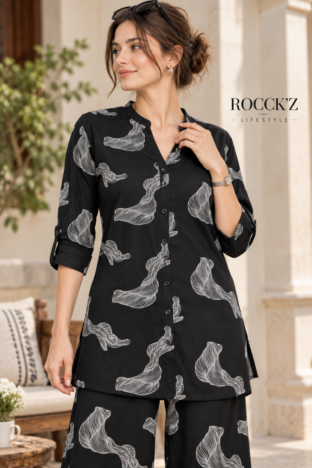 Rocck'z Chic Black & White Swirl Print Co-Ord Set for Women - 27246