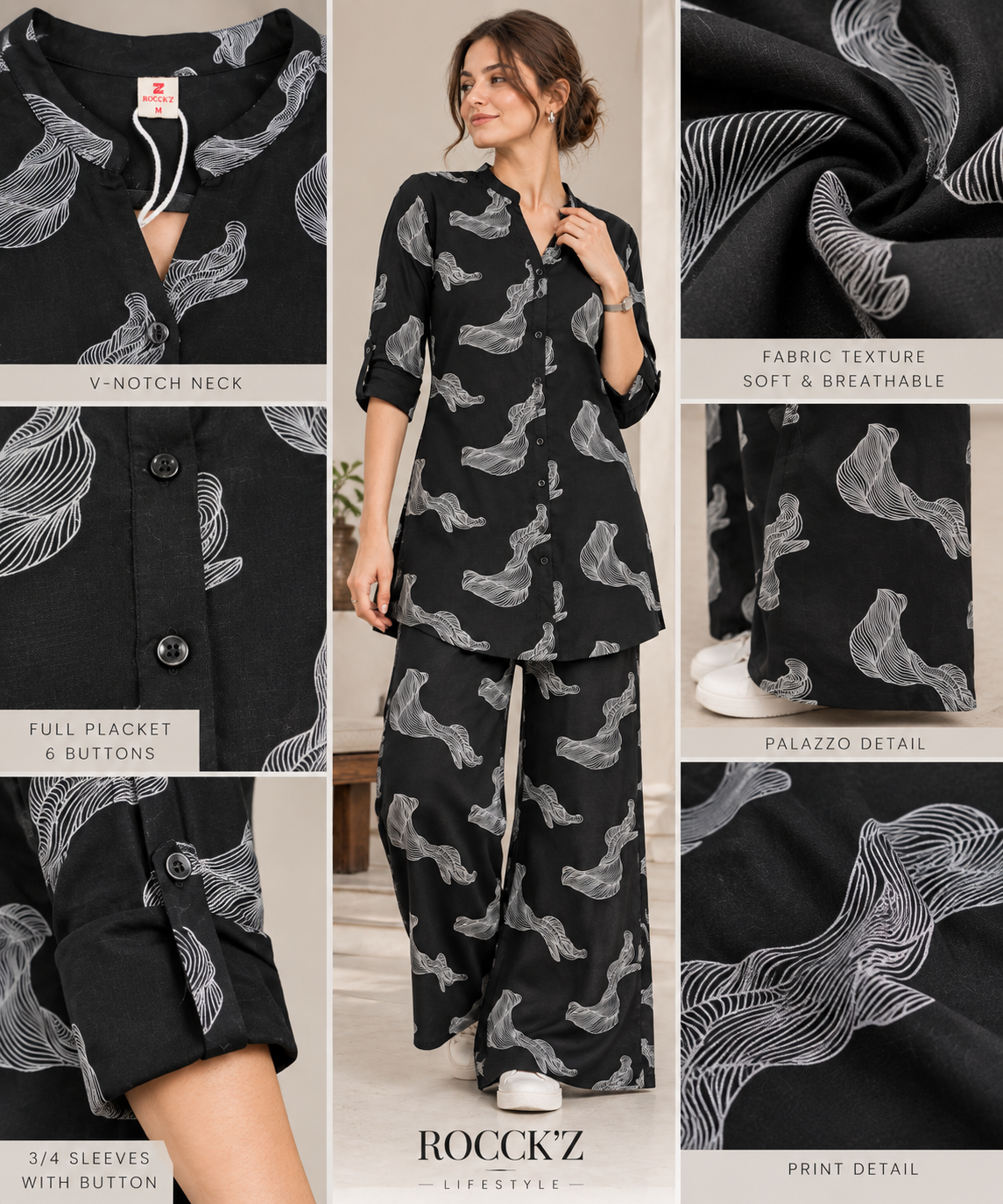 Rocck'z Chic Black & White Swirl Print Co-Ord Set for Women - 27246