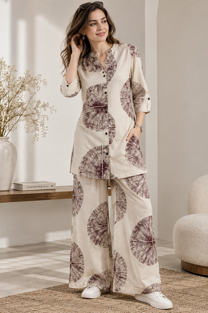 Rocck'z Chic Cream & Maroon Sunburst Print Co-Ord Set for Women –  27250