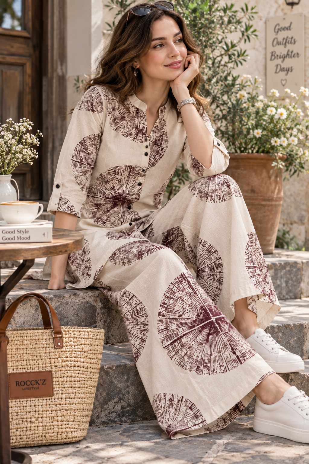 Rocck'z Chic Cream & Maroon Sunburst Print Co-Ord Set for Women –  27250