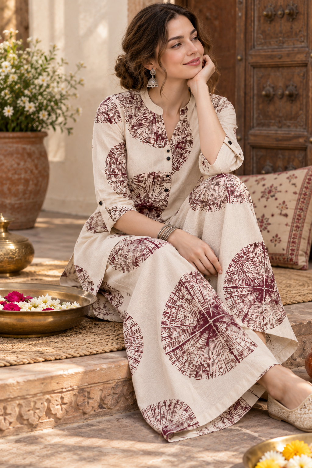 Rocck'z Chic Cream & Maroon Sunburst Print Co-Ord Set for Women –  27250