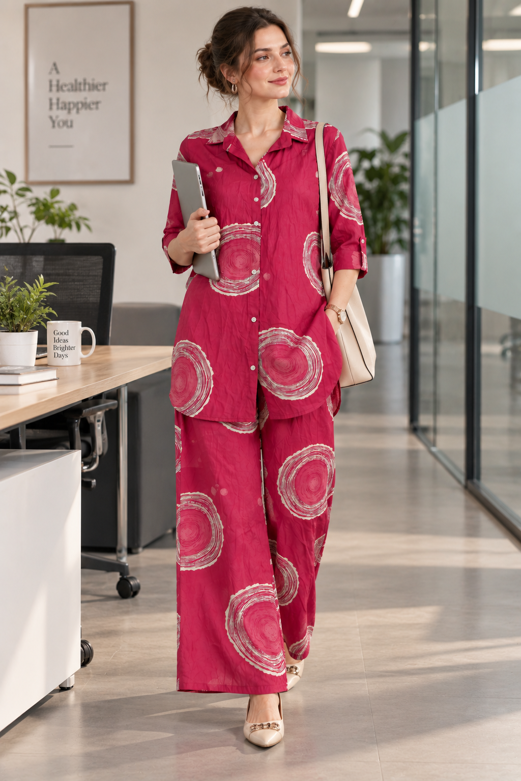 Rocck'z Vibrant Pink & Beige Sunburst Print Co-Ord Set for Women