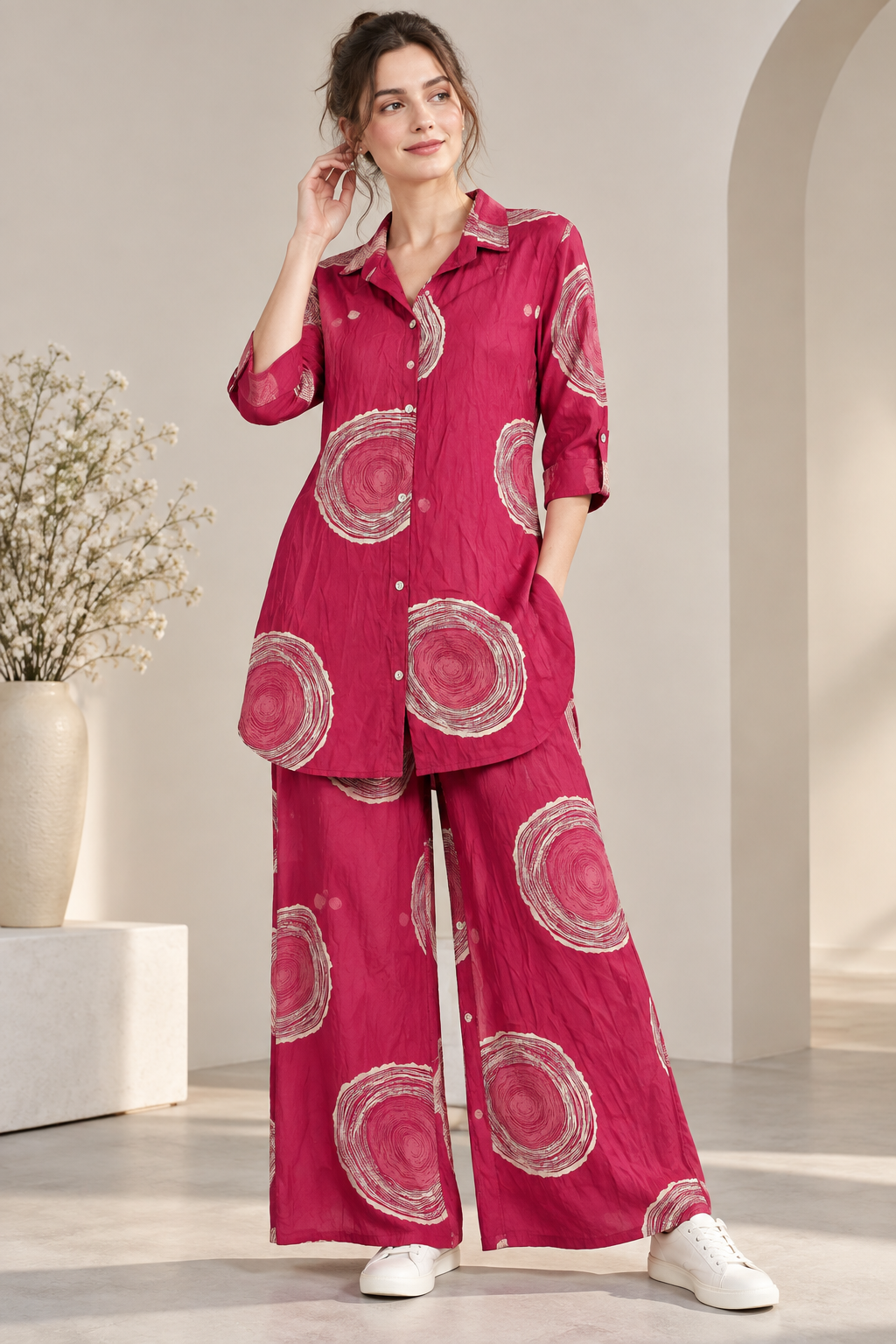 Rocck'z Vibrant Pink & Beige Sunburst Print Co-Ord Set for Women