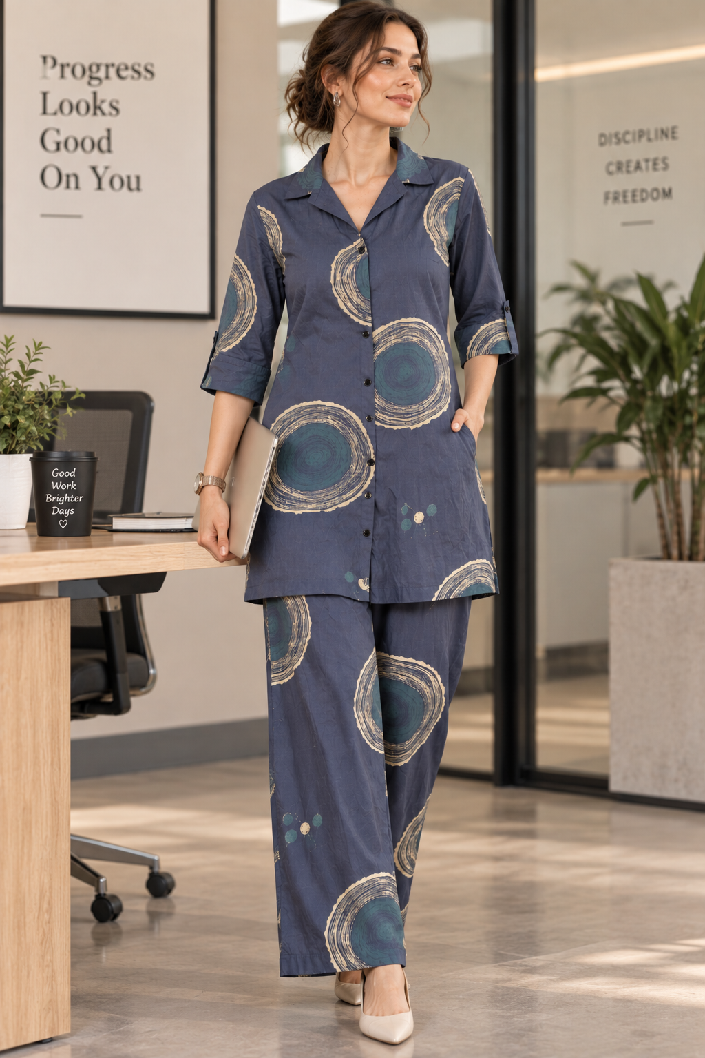 Rocck'z Slate Blue & Beige Sunburst Print Co-Ord Set for Women