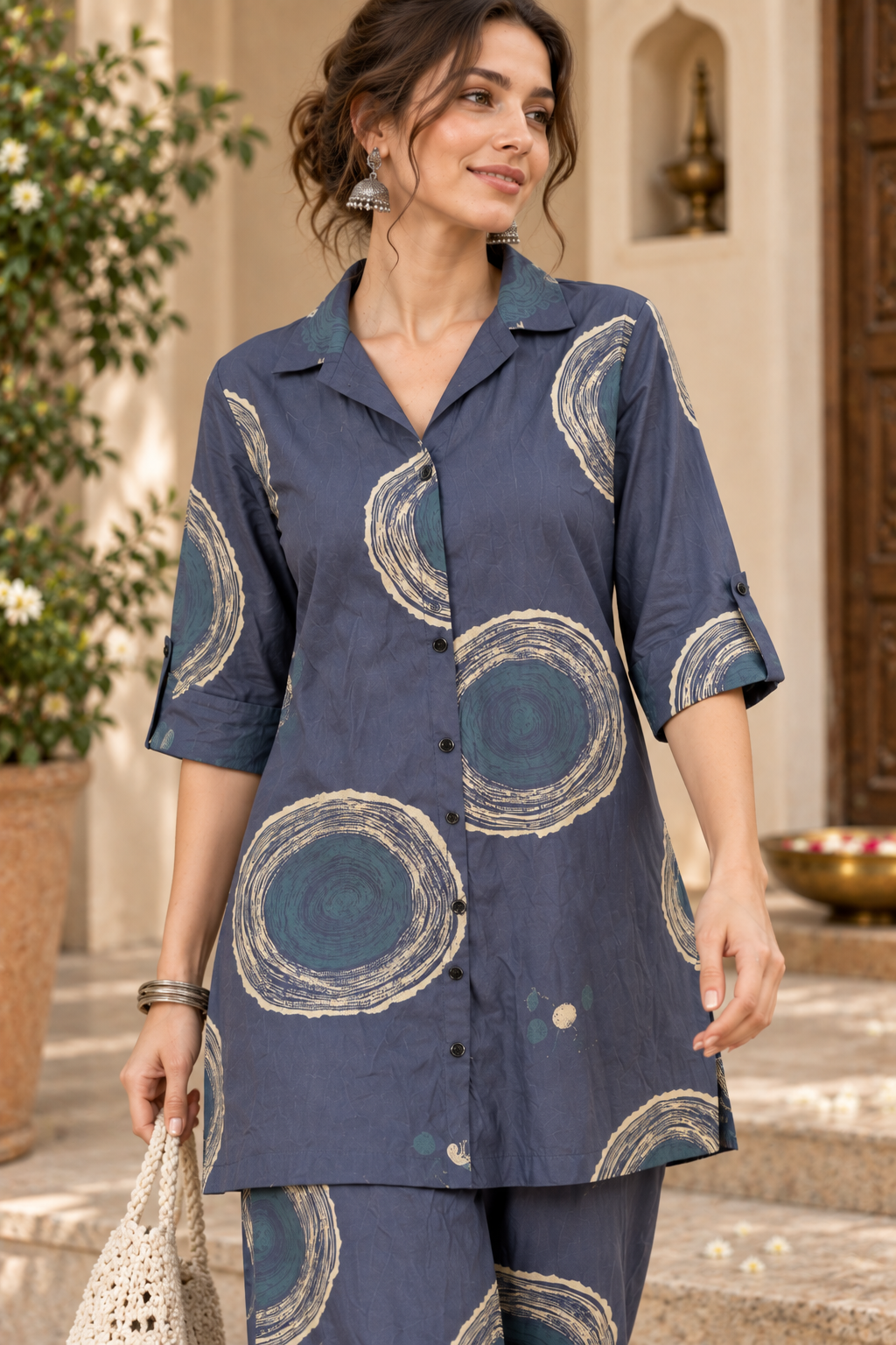 Rocck'z Slate Blue & Beige Sunburst Print Co-Ord Set for Women