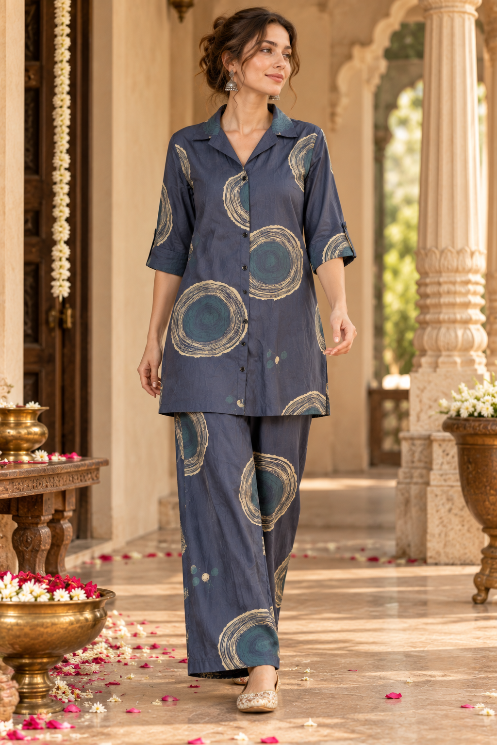 Rocck'z Slate Blue & Beige Sunburst Print Co-Ord Set for Women