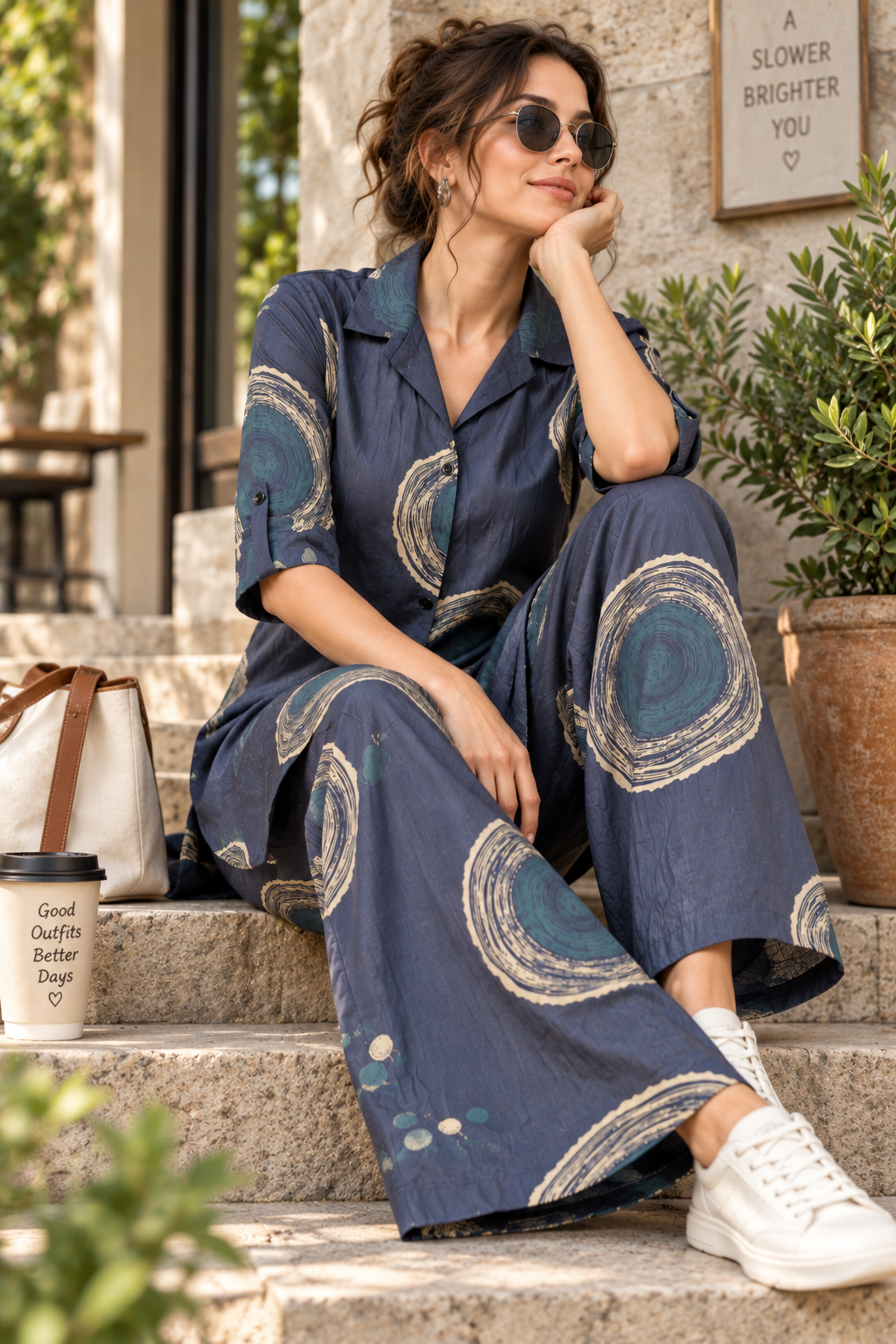 Rocck'z Slate Blue & Beige Sunburst Print Co-Ord Set for Women