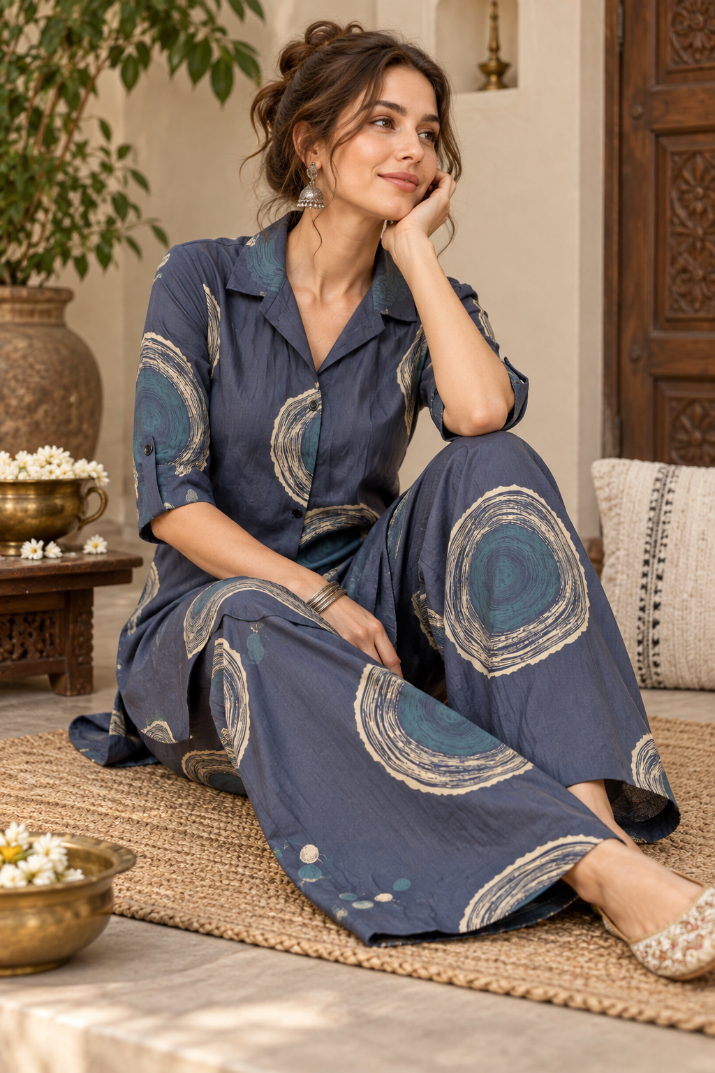 Rocck'z Slate Blue & Beige Sunburst Print Co-Ord Set for Women
