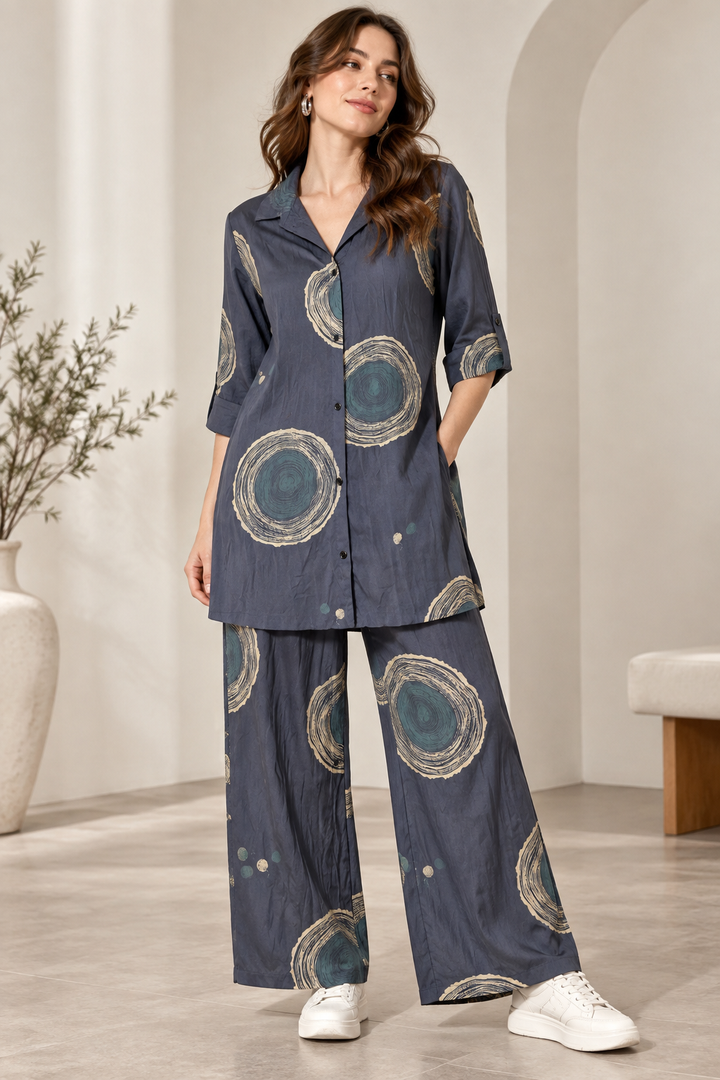 Rocck'z Slate Blue & Beige Sunburst Print Co-Ord Set for Women