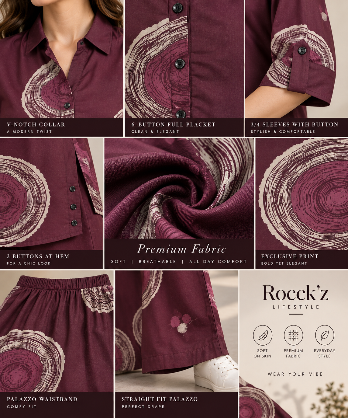 Rocck'z Women’s Wine Abstract Print Collar Neck Button-Down Shirt & Co-ord Set