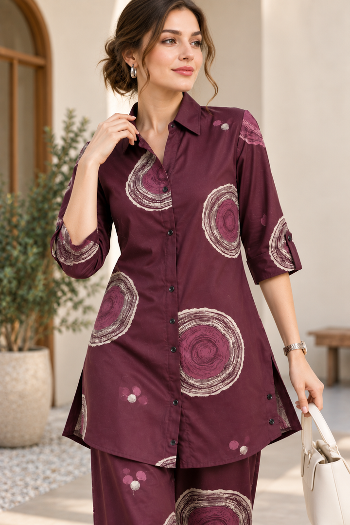 Rocck'z Women’s Wine Abstract Print Collar Neck Button-Down Shirt & Co-ord Set