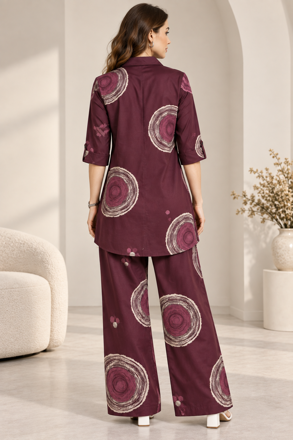 Rocck'z Women’s Wine Abstract Print Collar Neck Button-Down Shirt & Co-ord Set