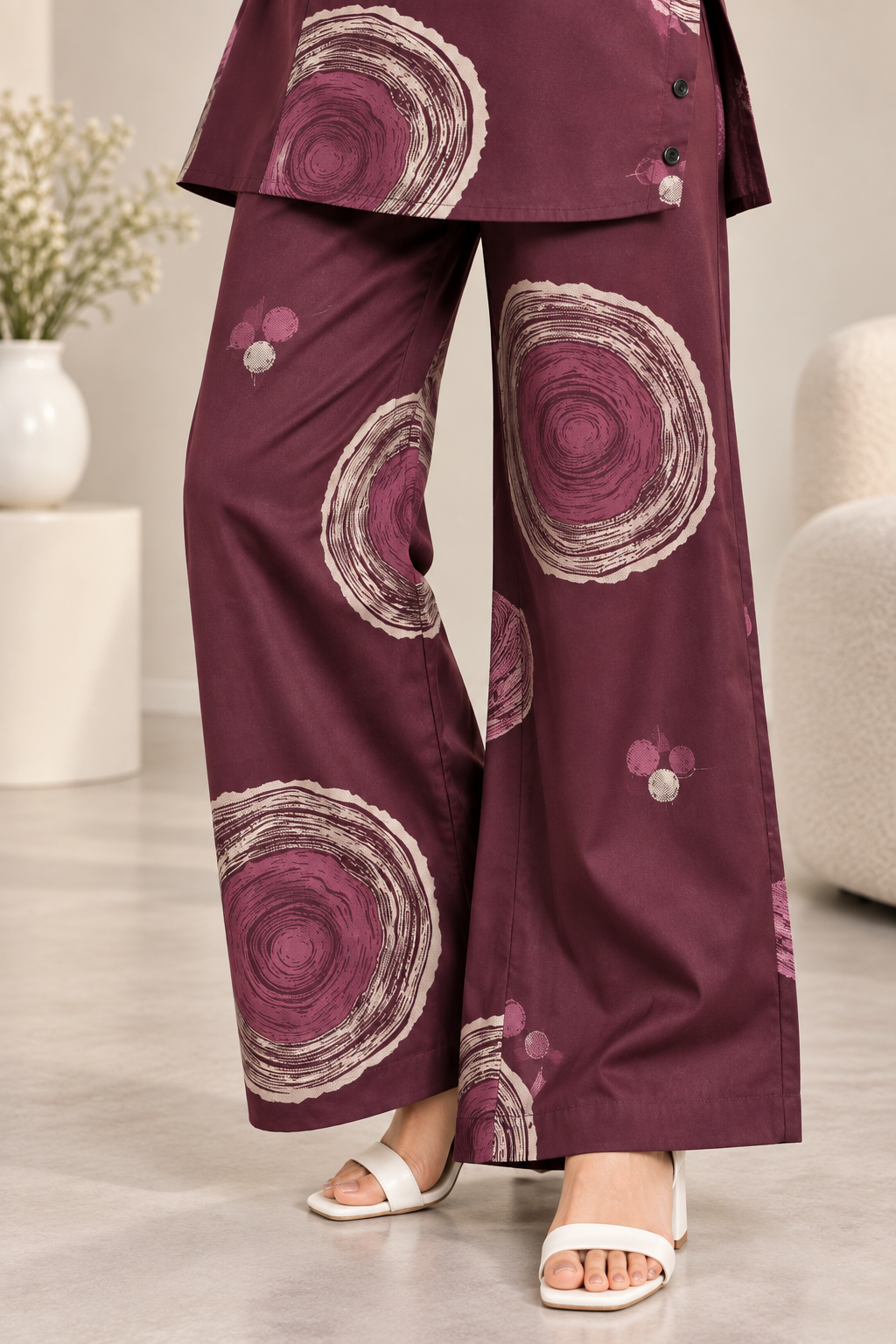 Rocck'z Women’s Wine Abstract Print Collar Neck Button-Down Shirt & Co-ord Set