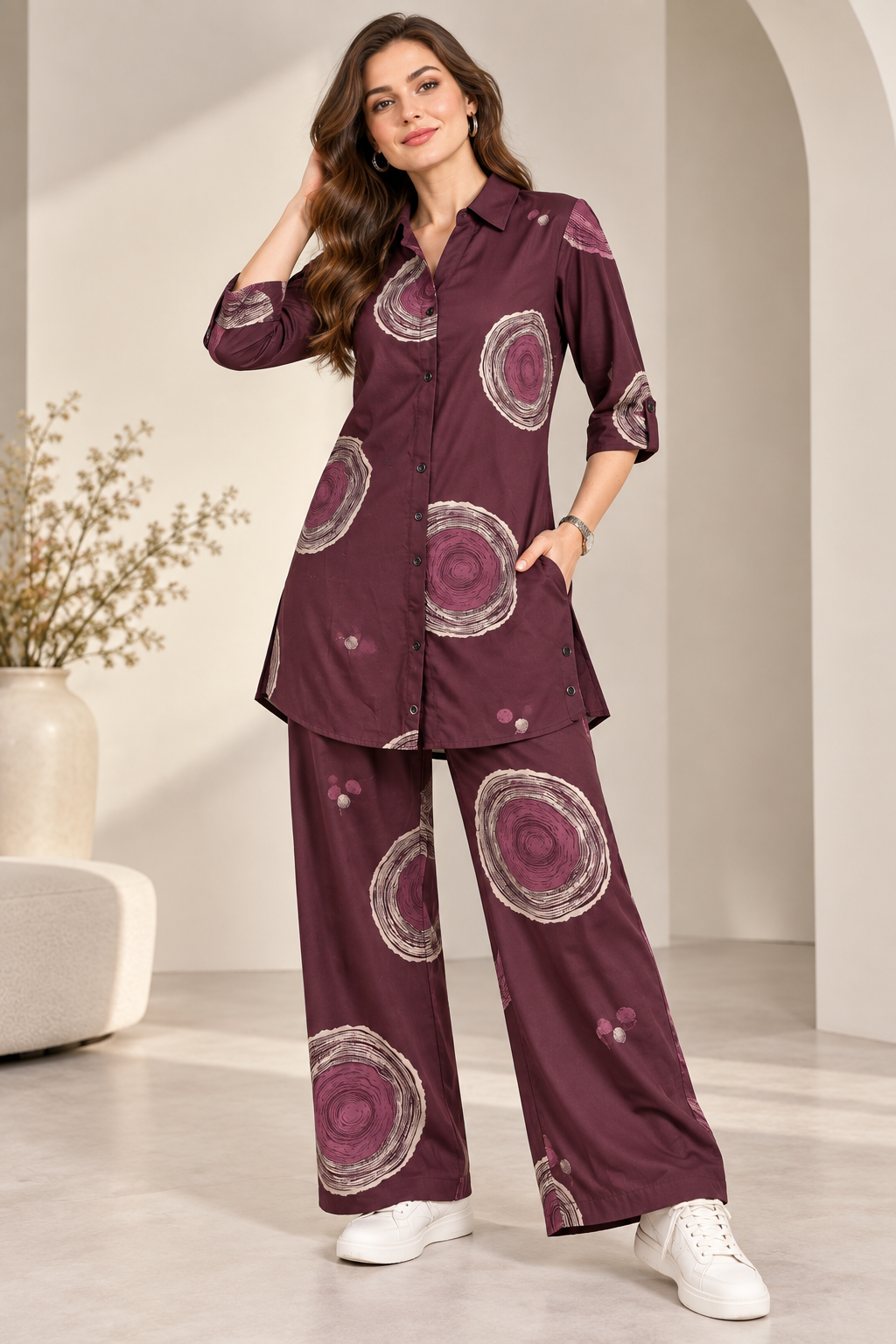 Rocck'z Women’s Wine Abstract Print Collar Neck Button-Down Shirt & Co-ord Set