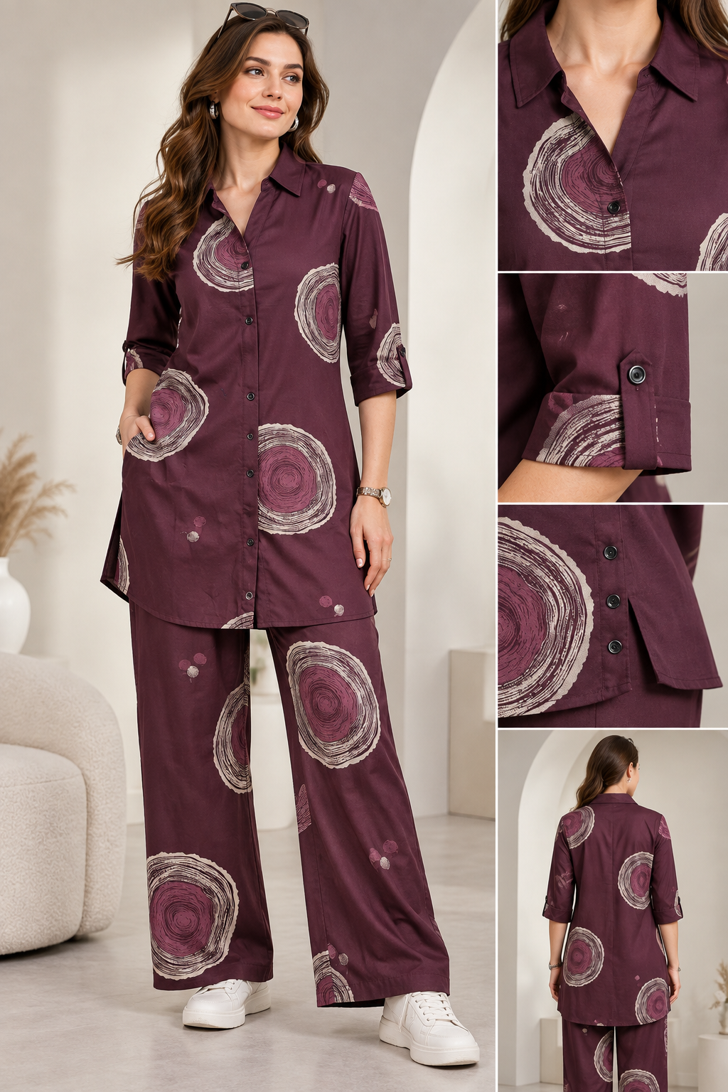 Rocck'z Women’s Wine Abstract Print Collar Neck Button-Down Shirt & Co-ord Set