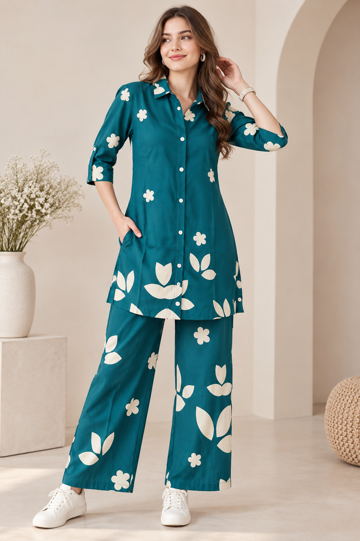 Rocck'z Women’s Teal Blue Floral & Leaf Print Collar Neck Button-Down Shirt & Co-ord Set