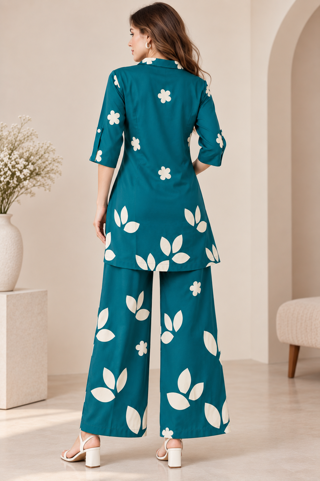 Rocck'z Women’s Teal Blue Floral & Leaf Print Collar Neck Button-Down Shirt & Co-ord Set