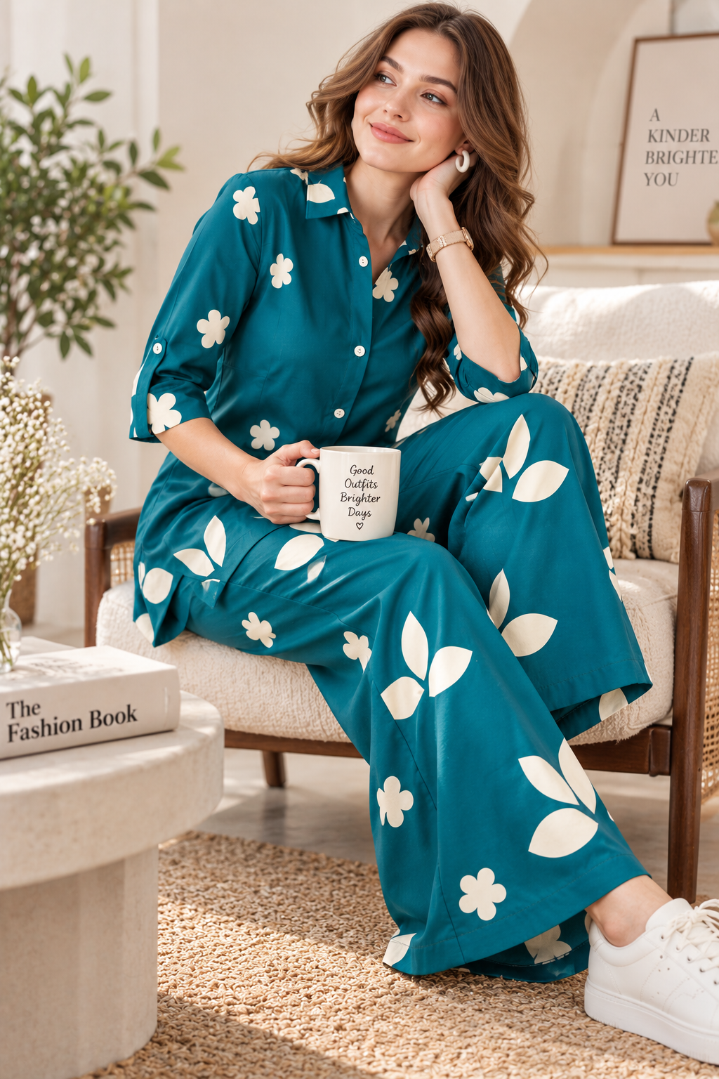 Rocck'z Women’s Teal Blue Floral & Leaf Print Collar Neck Button-Down Shirt & Co-ord Set
