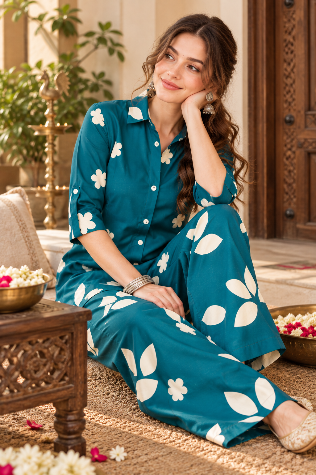Rocck'z Women’s Teal Blue Floral & Leaf Print Collar Neck Button-Down Shirt & Co-ord Set