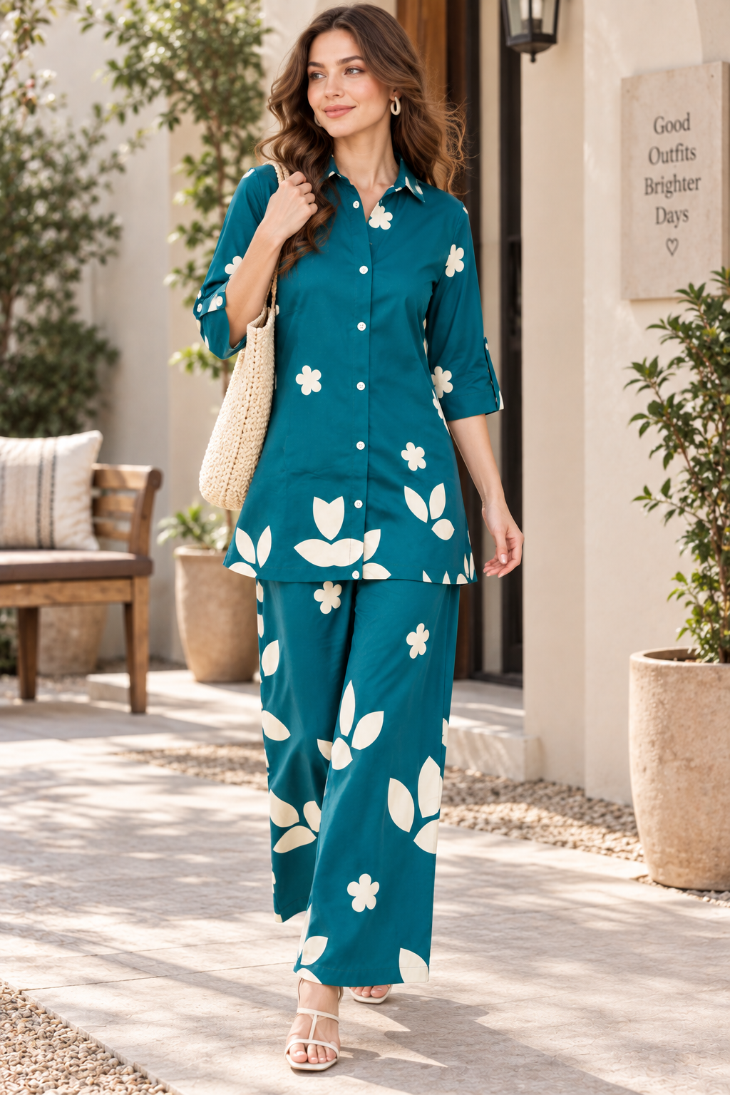 Rocck'z Women’s Teal Blue Floral & Leaf Print Collar Neck Button-Down Shirt & Co-ord Set