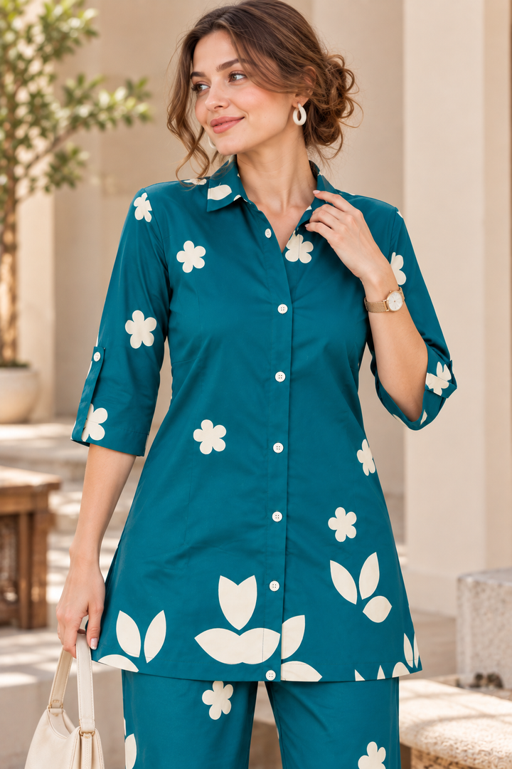 Rocck'z Women’s Teal Blue Floral & Leaf Print Collar Neck Button-Down Shirt & Co-ord Set