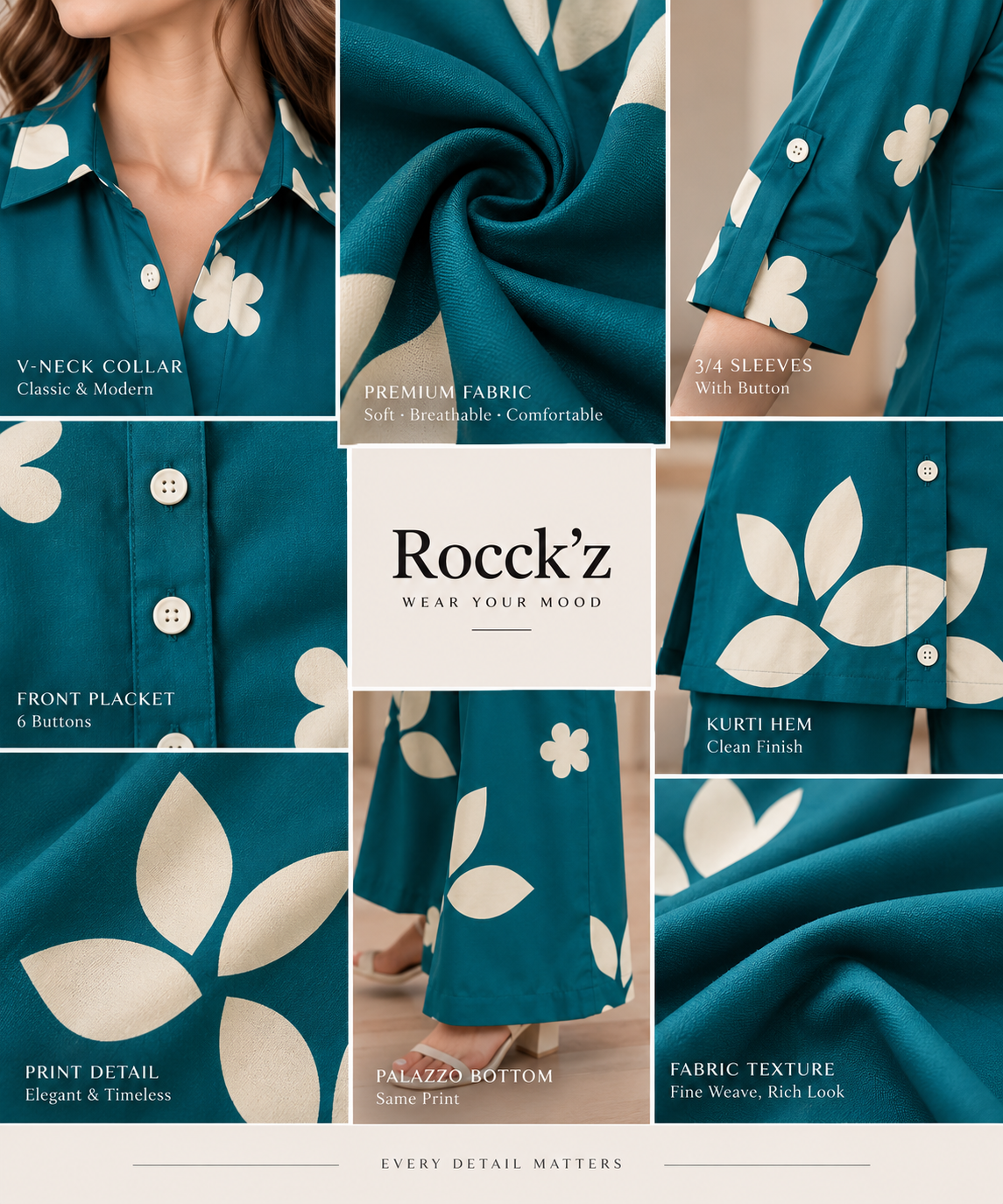 Rocck'z Women’s Teal Blue Floral & Leaf Print Collar Neck Button-Down Shirt & Co-ord Set