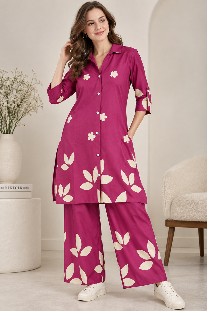 Women’s Magenta Floral & Leaf Print Collar Co-ord Set