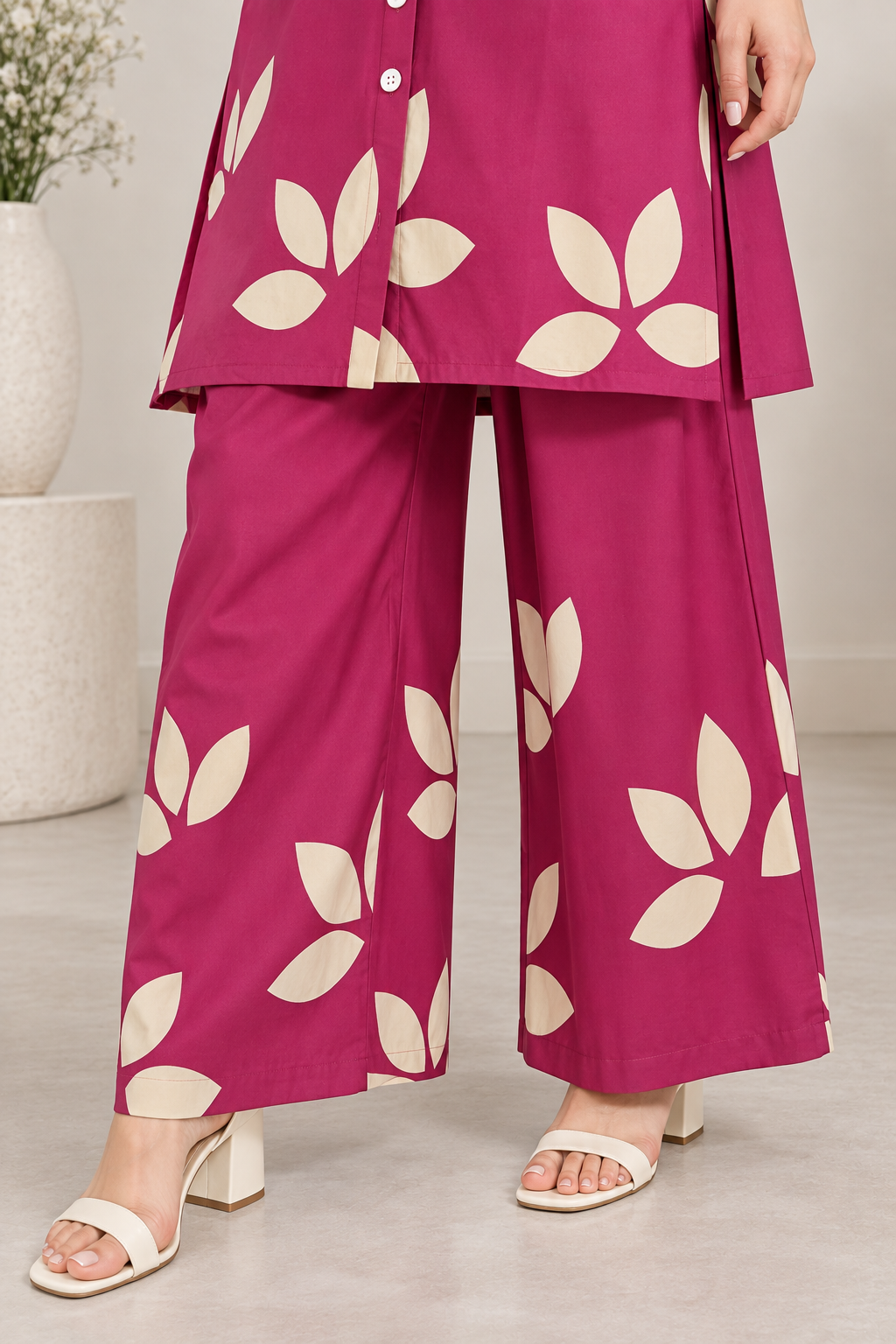 Women’s Magenta Floral & Leaf Print Collar Co-ord Set