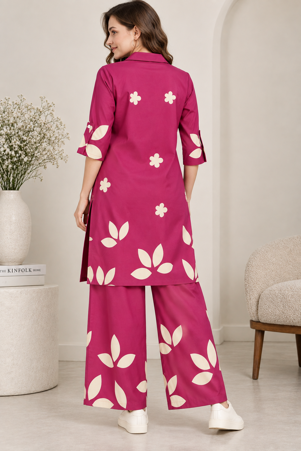 Women’s Magenta Floral & Leaf Print Collar Co-ord Set