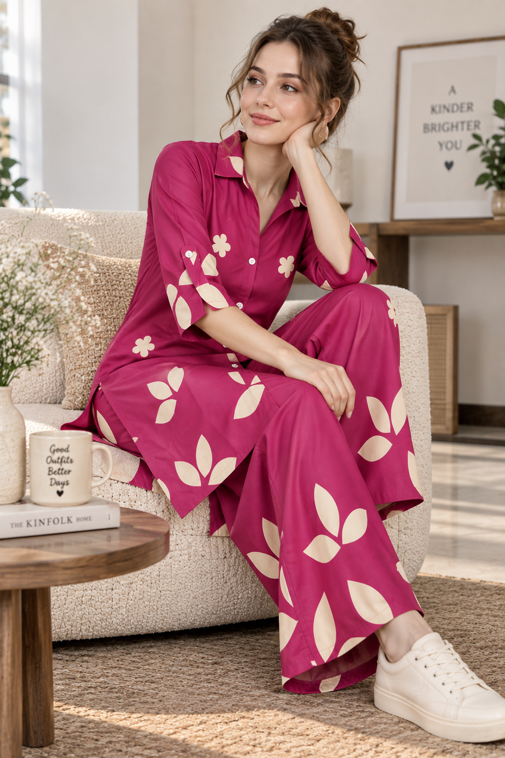 Women’s Magenta Floral & Leaf Print Collar Co-ord Set
