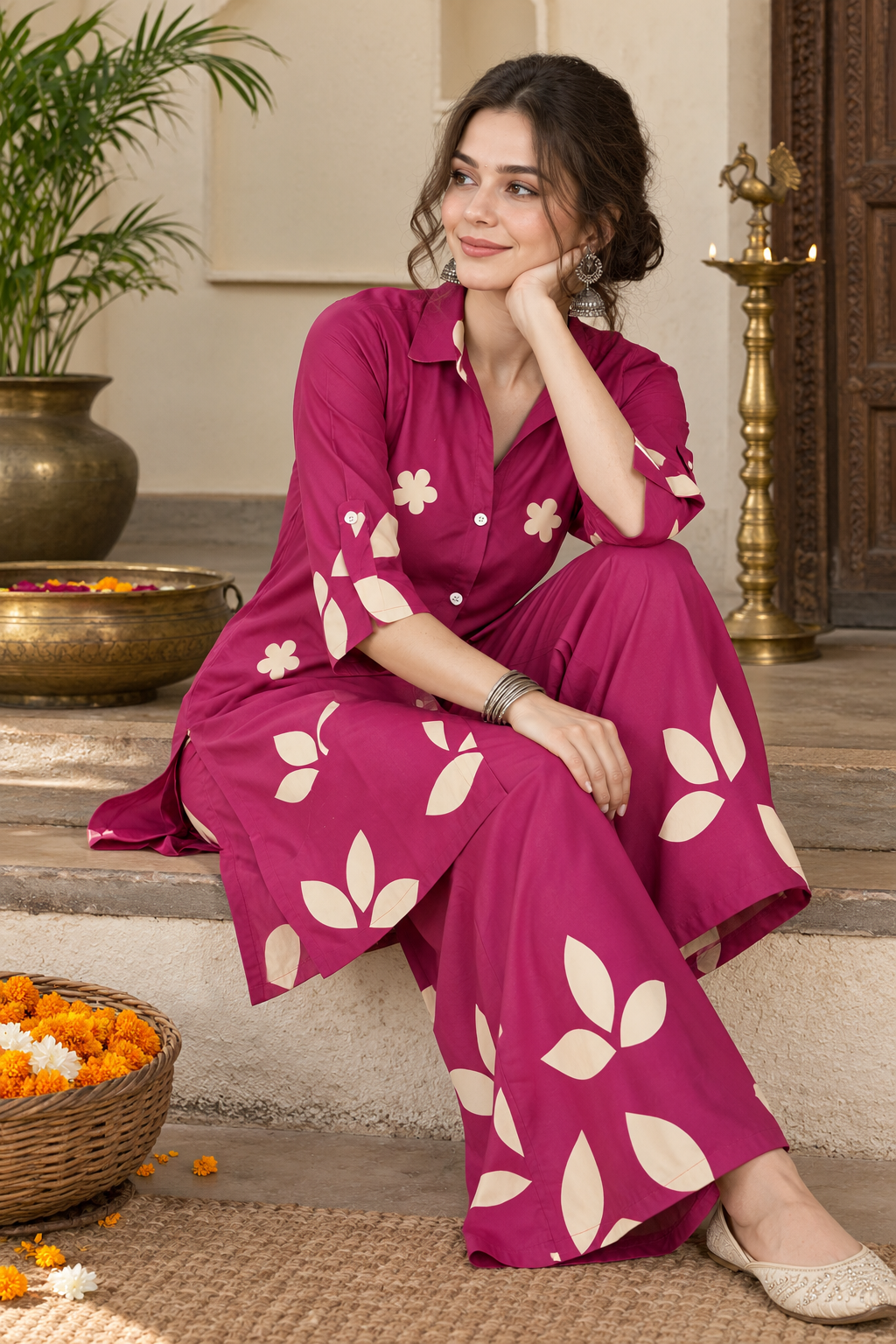 Women’s Magenta Floral & Leaf Print Collar Co-ord Set