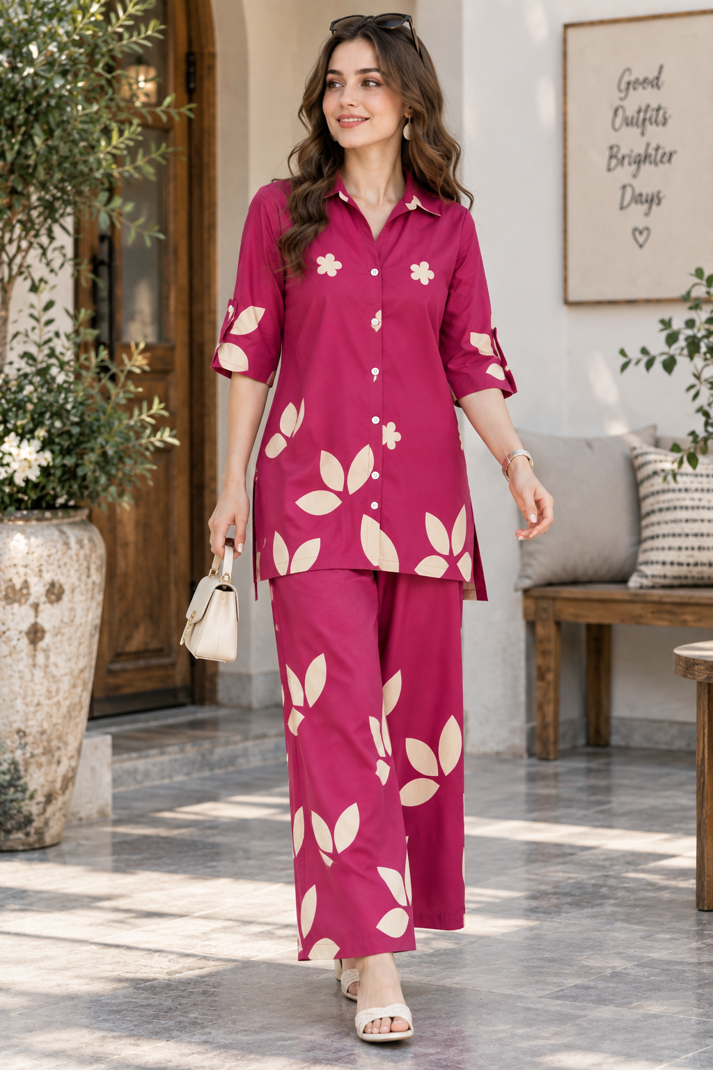 Women’s Magenta Floral & Leaf Print Collar Co-ord Set