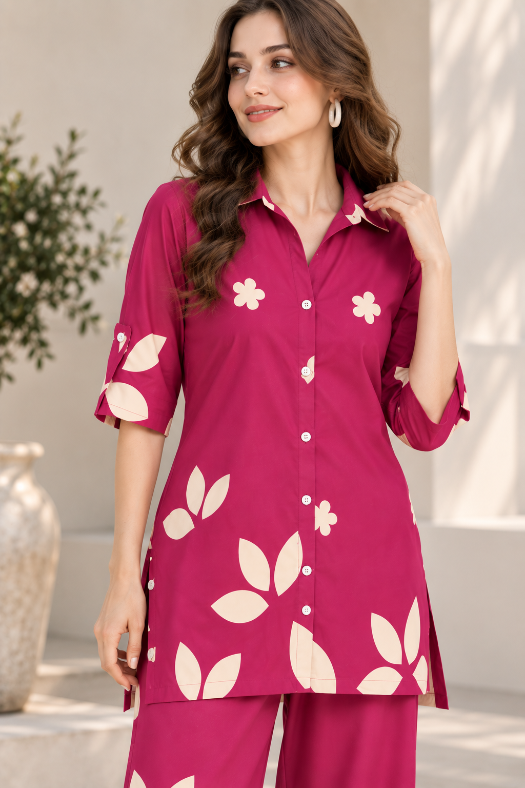 Women’s Magenta Floral & Leaf Print Collar Co-ord Set