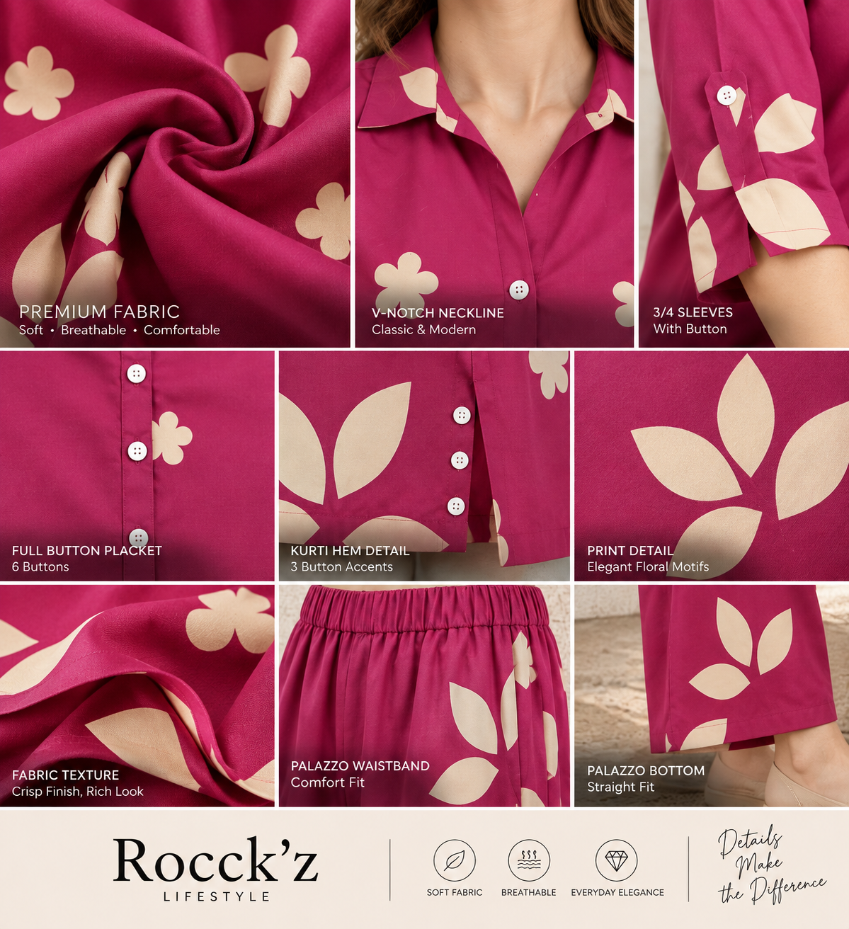 Women’s Magenta Floral & Leaf Print Collar Co-ord Set