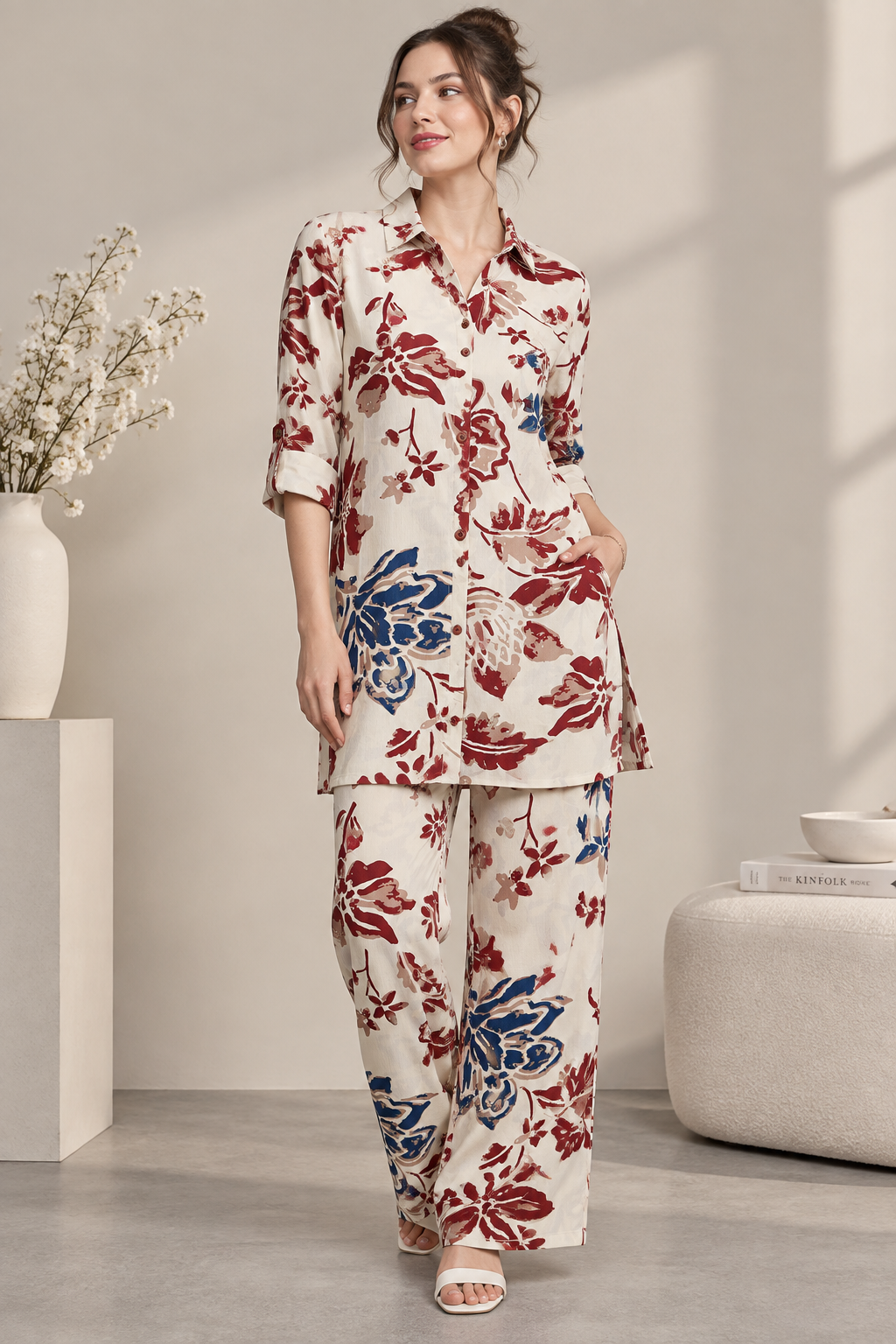Rocck'z Women’s Off-White Multi-Color Floral & Leaf Print Collar Co-ord Set