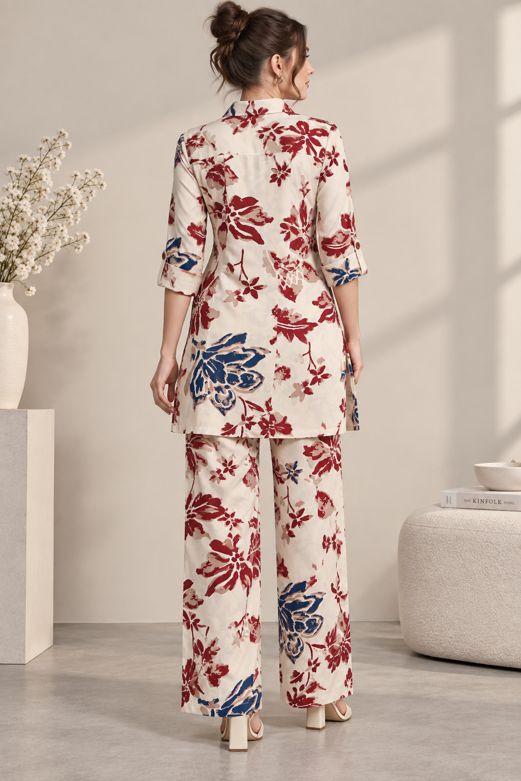 Rocck'z Women’s Off-White Multi-Color Floral & Leaf Print Collar Co-ord Set