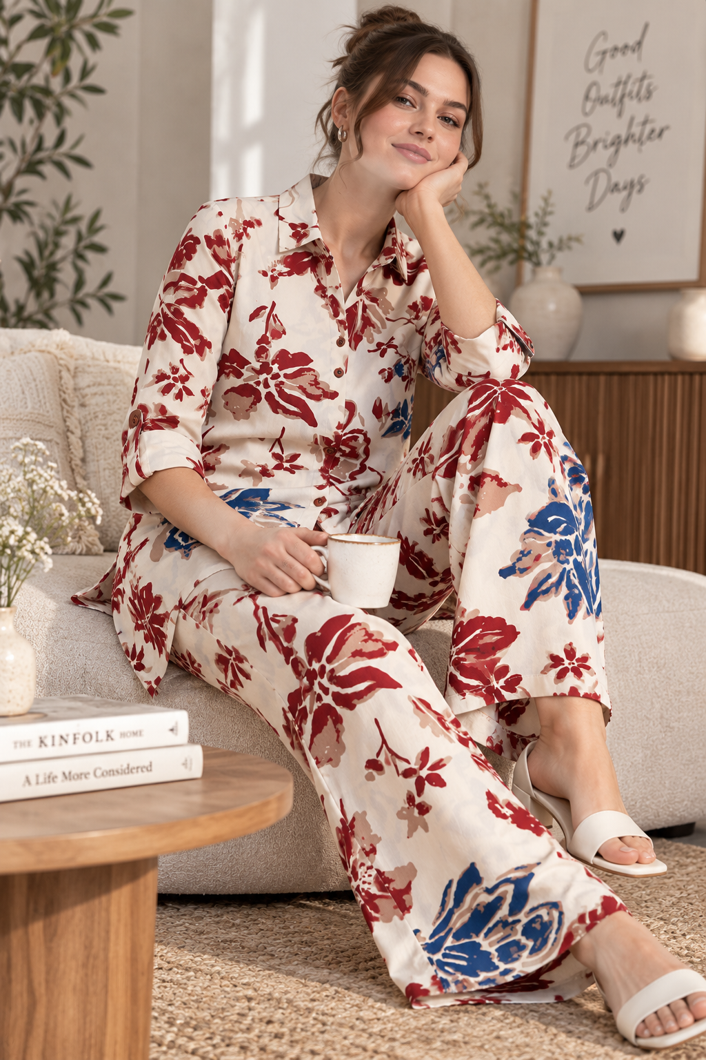 Rocck'z Women’s Off-White Multi-Color Floral & Leaf Print Collar Co-ord Set