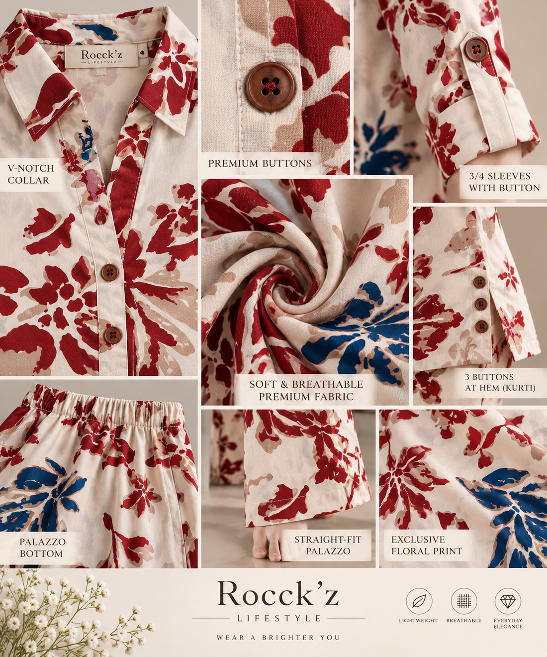 Rocck'z Women’s Off-White Multi-Color Floral & Leaf Print Collar Co-ord Set